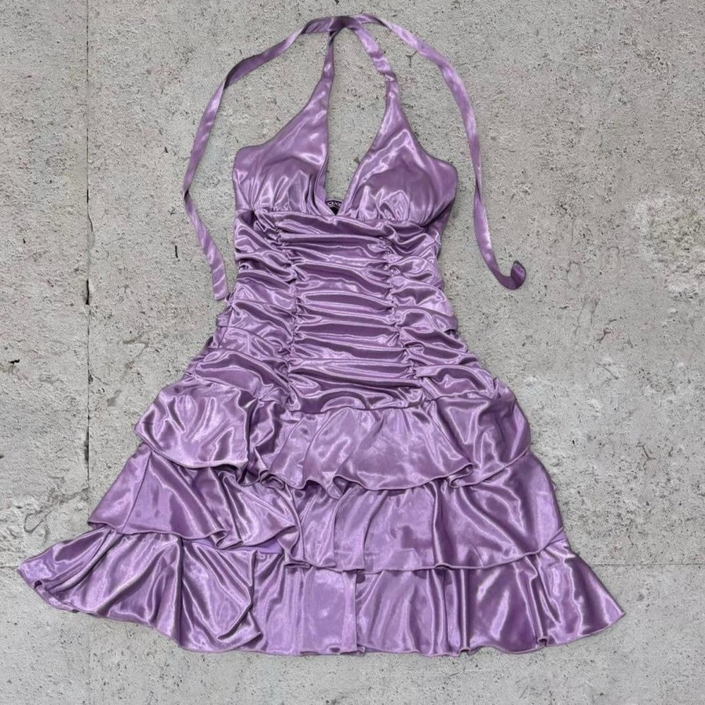 Vintage Y2K XOXO Purple Satin Ruffle Halter Mini Dress